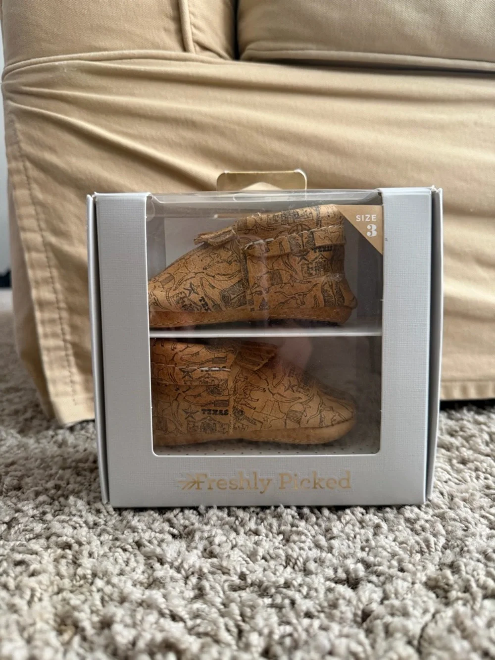 Freshly Picked Texas Tan Map-Print Baby Moccasins